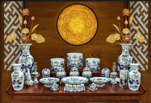 Bộ 3 bát hương bát tràng vẽ vàng trên bộ đồ thờ cúng được ưa chuộng phổ biến
